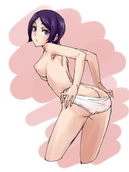 Rule 34 | 10s, 1girl, adjusting clothes, adjusting panties, artist request, ass, breasts, butt crack, cropped legs, kitora ai, looking at viewer, looking back, medium breasts, nipples, panties, pink background, purple eyes, purple hair, short hair, simple background, solo, topless, underwear, white background, white panties, world trigger