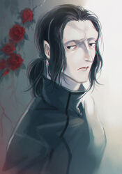 Rule 34 | 1boy, 2gno082, black hair, fate/grand order, fate (series), flower, gilles de rais (saber) (fate), jitome, long hair, looking at viewer, low ponytail, male focus, rose, shadow, solo, sunlight, turning head, upper body, wrinkled skin