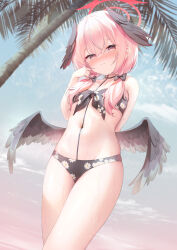 Rule 34 | 1girl, absurdres, bare shoulders, beach, bikini, black bikini, black wings, blue archive, blue sky, blush, bow, breasts, chen bin, collarbone, feathered wings, hair bow, halo, head wings, highres, koharu (blue archive), koharu (swimsuit) (blue archive), long hair, looking at viewer, low twintails, low wings, palm tree, pink eyes, pink hair, sky, small breasts, solo, spaghetti strap, swimsuit, thighs, tree, twintails, wings