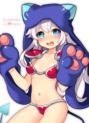 Rule 34 | 1girl, :o, animal hands, ap@meito, armor, artist name, bikini armor, blue eyes, blue gloves, blue hat, blush, character name, copyright name, cowboy shot, demon tail, elsword, eyebrows, gloves, hat, heart, long hair, luciela r. sourcream, navel, open mouth, paw gloves, solo, tail, thick eyebrows, white background, white hair