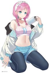 Rule 34 | 1girl, absurdres, arknights, bare shoulders, black pants, blue eyes, blue poison (arknights), blue poison (shoal beat) (arknights), blue shorts, bottle, braid, breasts, choker, cleavage, collarbone, commentary, crop top, full body, hair between eyes, hairband, hand up, highres, holding, holding bottle, jacket, kneeling, leggings, long hair, long sleeves, looking at viewer, medium breasts, midriff, navel, o-ring, o-ring choker, off shoulder, official alternate costume, open clothes, open jacket, pants, pink choker, pink hair, pink sports bra, rynzfrancis, shadow, shoes, shorts, simple background, smile, solo, spaghetti strap, sports bra, twin braids, twintails, water bottle, white background, white footwear, white jacket