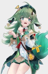 Rule 34 | 1girl, @ @, absurdres, bell, brown shorts, clenched hands, commentary, cowboy shot, ear tag, fiery tail, flag, flipped hair, green hair, green headwear, green jacket, hat, highres, honkai: star rail, honkai (series), huohuo (honkai: star rail), jacket, kotneo, long hair, open mouth, scared, shirt, shorts, simple background, tail, tail (honkai: star rail), talisman, tearing up, teeth, upper teeth only, white background, white shirt, yin yang hair ornament