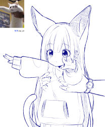 Rule 34 | 1girl, absurdres, animal ears, artist name, cat ears, cat girl, cat tail, derivative work, highres, long hair, longcat (meme), meme, monochrome, nisp, original, personification, photo-referenced, photo inset, reference inset, simple background, sleeves past wrists, solo, sweater, tail, upper body, watch, white background, wristwatch