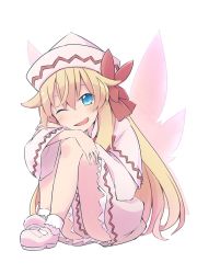 Rule 34 | 1girl, blonde hair, blue eyes, blush, bobby socks, bow, capelet, dress, fairy wings, hair between eyes, hat, highres, hugging own legs, leaning forward, legs together, lily white, long hair, long sleeves, looking at viewer, one eye closed, open mouth, red bow, shoes, simple background, sitting, smile, socks, solo, touhou, very long hair, white background, white dress, wide sleeves, wings, yutamaro