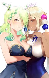 Rule 34 | 2girls, absurdres, antlers, asymmetrical docking, bingsardina, blonde hair, blue dress, blue leotard, braid, braided bangs, branch, breast press, breasts, ceres fauna, cleavage, commentary, dark-skinned female, dark skin, dress, english commentary, flower, green hair, hair flower, hair ornament, highres, holocouncil, hololive, hololive english, horns, kaniko (tsukumo sana), large breasts, leotard, limiter (tsukumo sana), long hair, looking at viewer, mole, mole under eye, multicolored hair, multiple girls, pantyhose, parted lips, planet hair ornament, single braid, standing, strapless, strapless dress, streaked hair, tsukumo sana, tsukumo sana (1st costume), twintails, virtual youtuber, white background, yellow eyes