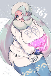 Rule 34 | 1girl, blonde hair, blue eyes, breasts, creatures (company), dynamax ball, earrings, fur collar, fur hat, game freak, hat, highres, impossible clothes, jewelry, large breasts, long hair, long sleeves, mature female, melony (pokemon), multicolored hair, nintendo, one eye closed, pantyhose, pantyhose under shorts, pokemon, pokemon swsh, pondai (toileet), scarf, shorts, streaked hair, sweater, teeth, upper teeth only, ushanka, white scarf, white sweater