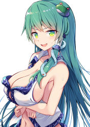 Rule 34 | 1girl, armpits, arms under breasts, breasts, cleavage, cleavage cutout, clothing cutout, e.o., frog hair ornament, green eyes, green hair, hair ornament, highres, kochiya sanae, large breasts, long hair, looking at viewer, navel, no bra, nontraditional miko, open mouth, revision, shirt, sideboob, simple background, sleeveless, sleeveless shirt, smile, snake hair ornament, solo, standing, sweat, touhou, upper body, v-shaped eyebrows, white background, white shirt