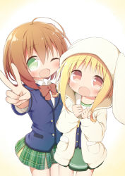 Rule 34 | 2girls, :d, ;d, animal ears, animal hood, ayanepuna, battle girl high school, blonde hair, blue jacket, blurry, blurry foreground, blush, bow, bowtie, brown eyes, brown hair, brown neckwear, rabbit ears, rabbit hood, collared shirt, depth of field, green eyes, green skirt, hands up, highres, hood, hood up, hoodie, hoshitsuki miki, jacket, long hair, long sleeves, multiple girls, one eye closed, open clothes, open hoodie, open mouth, outstretched arm, own hands together, plaid, plaid skirt, pleated skirt, school uniform, serafuku, shirt, sidelocks, skirt, sleeves past wrists, smile, v, watagi michelle, white hoodie, white shirt