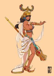 Rule 34 | 1girl, ancient egypt, bracelet, breasts, copyright request, egyptian clothes, eyeshadow, helmet, highres, jewelry, large breasts, lots of jewelry, makeup, peagunz, sandals, sideboob, solo, staff