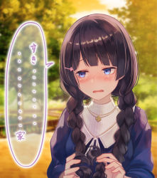 Rule 34 | 1girl, black hair, blue eyes, blurry, blurry background, blush, braid, brat (brabrabrat00), commentary request, day, embarrassed, hair ornament, hair over shoulder, hairclip, holding, holding hair, jewelry, long hair, long sleeves, looking at viewer, necklace, nijisanji, nose blush, open mouth, outdoors, solo, speech bubble, translation request, tree, tsukino mito, tsukino mito (2nd costume), twin braids, twintails, upper body, virtual youtuber, wavy mouth