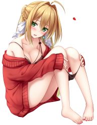 Rule 34 | 1girl, ahoge, bare shoulders, barefoot, black panties, blonde hair, bow, bra, braid, breasts, earrings, fate/grand order, fate (series), feet, fringe trim, full body, green eyes, grey background, hair between eyes, hair bow, hair intakes, head tilt, highres, jewelry, large breasts, long hair, looking at viewer, nail polish, nero claudius (fate), nero claudius (fate) (all), nero claudius (fate/extra), nero claudius (swimsuit caster) (fate), open mouth, panties, red nails, sidelocks, simple background, sitting, sleeves past wrists, solo, toes, underwear, undressing, yoye (pastel white)