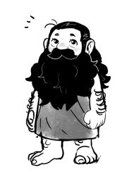 Rule 34 | 1boy, alternate species, barefoot, beard, beard over mouth, deformed, dungeon meshi, facial hair, greyscale, halfling, long beard, looking up, male focus, midoo (scarecrow-forest), monochrome, mustache, notice lines, senshi (dungeon meshi), senshi (half-foot) (dungeon meshi), sketch, solo, standing, thick arm hair, thick mustache, very long beard