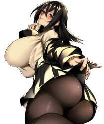 Rule 34 | 1girl, absurdres, ass, black eyes, black hair, black jacket, black skirt, blush, breasts, clothes lift, collared shirt, commentary request, dress shirt, hair between eyes, hand on own chin, highres, huge breasts, hz (666v), jacket, kashima (hz (666v)), light, long hair, looking at viewer, off shoulder, open clothes, open jacket, original, pantyhose, shirt, skirt, skirt lift, smile, solo, undressing, white background, white shirt