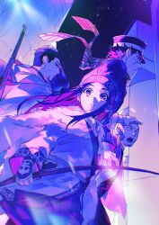 Rule 34 | 1girl, 3boys, asirpa, bald, bow (weapon), brown hair, cape, chest jewel, cloak, eyelashes, fingernails, from side, fur cape, gem, golden kamuy, gun, hand on another&#039;s head, hat, headband, highres, holding, holding bow (weapon), holding weapon, light particles, long hair, looking at viewer, multiple boys, night, night sky, open mouth, outdoors, oziozi kamuy, pants, plaid, plaid scarf, purple eyes, purple gemstone, purple headband, purple headwear, purple pants, purple scarf, purple theme, scar, scar on face, scarf, shiraishi yoshitake, short hair, sky, star (sky), starry sky, sugimoto saichi, tanigaki genjirou, teeth, upper teeth only, v-shaped eyebrows, very short hair, weapon, weapon on back, white cape, white cloak, white tunic, wide-eyed