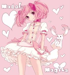Rule 34 | 1girl, arms at sides, bare legs, breasts, bubble skirt, buttons, choker, closed mouth, collarbone, contrapposto, copyright name, cowboy shot, creature, frilled skirt, frilled sleeves, frills, gloves, hair ribbon, happy, head tilt, heart, heart background, jumping, kaname madoka, kyubey, lips, looking at viewer, mahou shoujo madoka magica, mahou shoujo madoka magica (anime), medium breasts, no nose, pink background, pink choker, pink eyes, pink hair, pink neckwear, pink ribbon, pink theme, puffy short sleeves, puffy sleeves, ribbon, ribbon choker, shiny skin, short sleeves, short twintails, simple background, skirt, smile, solo, soul gem, tail, tail grab, tama (nezumi), tareme, twintails, white gloves, white skirt
