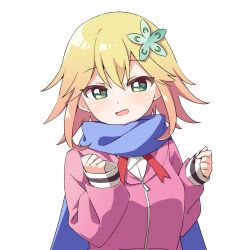 Rule 34 | 1girl, :d, blonde hair, blue scarf, commentary, commission, gabriel dropout, green eyes, hair between eyes, hair ornament, haru (konomi 150), jacket, long sleeves, looking at viewer, open mouth, pink jacket, pixiv commission, scarf, short hair, simple background, sleeves past wrists, smile, solo, tapris chisaki sugarbell, upper body, white background