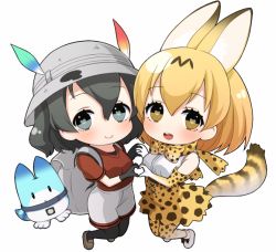 Rule 34 | 10s, animal ears, backpack, bag, blush, bow, bowtie, chibi, full body, gloves, hat feather, heart, heart-shaped pupils, helmet, high-waist skirt, holding hands, kaban (kemono friends), kemono friends, looking at viewer, pith helmet, print gloves, red shirt, serval (kemono friends), serval print, serval tail, shirt, simple background, skirt, striped tail, symbol-shaped pupils, tail, vsi0v, white background