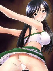 Rule 34 | 1girl, absurdres, ahoge, anus, arms behind back, ass, back, black eyes, black hair, blush, breasts, censored, clothes lift, crop top, cum, cum in pussy, cumdrip, girls und panzer, highres, isuzu hana, large breasts, leaning forward, long hair, looking at viewer, looking back, midriff, oekaki lemon, open mouth, pussy, pussy juice, saliva, skirt, skirt lift, solo, sweat