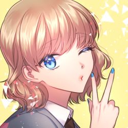 Rule 34 | 1girl, blue eyes, blue nails, brown neckwear, commission, hsmoji, light brown hair, looking at viewer, lowres, medium hair, nail polish, one eye closed, portrait, puckered lips, simple background, solo, v, yellow background