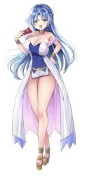 Rule 34 | 1girl, bare shoulders, blue eyes, blue hair, bracer, braid, breasts, cleavage, commentary, covered navel, dress, folding fan, french braid, gem, hair intakes, hand fan, hand on own hip, highres, holding, holding fan, jewelry, long hair, looking at viewer, madou monogatari, medium breasts, neck ring, puyopuyo, rulue (puyopuyo), sash, side slit, simple background, smile, solo, strapless, strapless dress, wavy hair, white background, white dress, yui (msy1302mana)