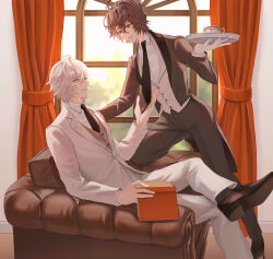Rule 34 | 2boys, ahoge, alternate costume, bishounen, black necktie, blue eyes, box, brown hair, brown suit, butler, coffee cup, commentary, commentary request, couch, crossed legs, cup, curtains, disposable cup, formal, gloves, granblue fantasy, hair between eyes, highres, holding, holding box, holding tray, kakaki 28, knee up, light smile, lucifer (shingeki no bahamut), male focus, messy hair, multiple boys, necktie, necktie grab, neckwear grab, on couch, parted lips, red eyes, sandalphon (granblue fantasy), short hair, sitting, smile, suit, tray, white gloves, white hair, white suit, window, yaoi