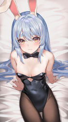 Rule 34 | 1girl, absurdres, animal ear fluff, animal ears, arm support, arms behind back, bare arms, bare shoulders, bed, black bow, black bowtie, black leotard, black pantyhose, blue hair, blush, bow, bowtie, breasts, closed mouth, clothing cutout, collar, commentary request, detached collar, frown, hair intakes, highleg, highleg leotard, highres, hololive, leotard, lnji (rnlwls34), long hair, looking at viewer, multicolored hair, on bed, orange eyes, pantyhose, playboy bunny, rabbit ears, rabbit girl, raised eyebrows, short eyebrows, sidelocks, sitting, small breasts, solo, strapless, strapless leotard, streaked hair, thick eyebrows, thighs, two-tone hair, usada pekora, usada pekora (1st costume), virtual youtuber, wavy hair, white collar, white hair, wing collar