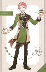 Rule 34 | 1boy, absurdres, black pants, buttons, cake, cake slice, character name, collared shirt, commentary request, cup, ensemble stars!, food, full body, green necktie, highres, holding, holding plate, itsuki shu, lapels, long sleeves, male focus, necktie, official alternate costume, open mouth, pants, pink hair, plate, purple eyes, shirt, short hair, solo, wednesday 108