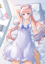 Rule 34 | 1boy, 1girl, arm behind head, arm up, bare arms, bare shoulders, bed, blue hair, book, bow-shaped hair, breasts, chahei, collarbone, day, dress, eyebrows hidden by hair, frilled dress, frills, genshin impact, gradient hair, highres, holding, holding book, indoors, long hair, lying, medium breasts, multicolored hair, on back, on bed, open book, out of frame, parted lips, pillow, pink hair, purple eyes, sangonomiya kokomi, short eyebrows, sleeveless, sleeveless dress, solo focus, thick eyebrows, very long hair, white dress