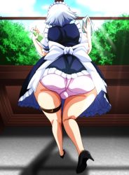 Rule 34 | 1girl, apron, ass, back, back bow, bent over, black footwear, blue dress, bow, buckle, cleaning, cleaning windows, commentary request, day, dress, facing away, frilled dress, frills, from behind, full body, high heels, highres, holding cloth, izayoi sakuya, maid, maid apron, maid headdress, medium hair, panties, pink panties, puffy short sleeves, puffy sleeves, shadow, shirt, short sleeves, silver hair, solo, standing, tatsuya (guild plus), thick thighs, thigh strap, thighs, touhou, tree, twintails, underwear, white shirt, window, wiping