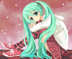 Rule 34 | 1girl, female focus, full body, gradient background, green eyes, green hair, hatsune miku, hugging own legs, kocchi muite baby (vocaloid), long hair, matching hair/eyes, minase kaya, project diva, project diva (series), project diva 2nd, sitting, skirt, smile, solo, striped clothes, striped thighhighs, thighhighs, twintails, very long hair, vocaloid