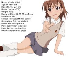 Rule 34 | 1girl, 2023, 20s, artist request, blush, brown eyes, brown hair, brown sweater vest, character age, character name, character profile, collared shirt, english text, female focus, hair ornament, hairclip, highres, looking at viewer, loose socks, lying, matching hair/eyes, miniskirt, misaka mikoto, on side, open mouth, pointing, pointing at viewer, school uniform, shirt, shoes, short hair, skirt, socks, solo, summer uniform, sweater vest, thighs, toaru kagaku no railgun, toaru majutsu no index, tokiwadai school uniform, white background, white socks