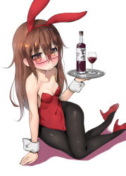 Rule 34 | alcohol, animal ears, bare shoulders, black pantyhose, bottle, breasts, brown eyes, brown hair, cameltoe, cleavage, cup, drinking glass, fake animal ears, glasses, high heels, kantai collection, leotard, long hair, mochizuki (kancolle), panbai, pantyhose, playboy bunny, rabbit ears, red footwear, red leotard, shoes, sitting, small breasts, solo, strapless, strapless leotard, tray, wine, wine bottle, wrist cuffs