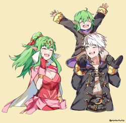 Rule 34 | 1boy, 2girls, :d, black gloves, black jacket, blush, breasts, brown background, brown eyes, cape, cleavage, closed eyes, dress, family, father and daughter, fire emblem, fire emblem awakening, gloves, graysheartart, green hair, grey hair, hair ornament, highres, husband and wife, jacket, large breasts, long hair, looking at viewer, looking back, morgan (female) (fire emblem), morgan (fire emblem), mother and daughter, multiple girls, nintendo, one eye closed, open mouth, pink cape, pink dress, pointy ears, ponytail, red gloves, red ribbon, ribbon, robin (fire emblem), robin (male) (fire emblem), simple background, smile, tiki (adult) (fire emblem), tiki (fire emblem), twitter username