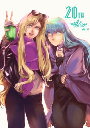Rule 34 | 2-nichi, 2girls, anniversary, blonde hair, blue eyes, blue hair, closed mouth, contemporary, cup, eyewear on head, freya (valkyrie profile), lenneth valkyrie, long hair, looking at viewer, multiple girls, open mouth, simple background, smile, sunglasses, valkyrie profile (series)