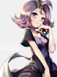 Rule 34 | 1girl, :3, acerola (pokemon), armlet, bad id, bad pixiv id, blush, character name, creatures (company), dress, elite four, flipped hair, game freak, hair ornament, hairclip, highres, holding, holding poke ball, nintendo, poke ball, pokemon, pokemon sm, purple hair, short hair, short sleeves, simple background, smile, solo, stitches, swav, topknot, torn clothes, torn dress, tosk (swav-coco), ultra ball