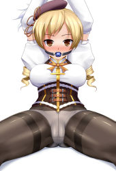 Rule 34 | 1girl, arm warmers, arms up, ball gag, beret, black hat, black pantyhose, blonde hair, blush, bow, bow panties, breasts, brown eyes, corset, drill hair, eto, gag, glaring, hat, large breasts, looking at viewer, magical girl, mahou shoujo madoka magica, mahou shoujo madoka magica (anime), panties, panties under pantyhose, pantyhose, short hair, simple background, sitting, solo, spread legs, sweat, tomoe mami, twin drills, underwear, white background, white panties, wide spread legs, wiffle gag
