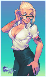 Rule 34 | 1girl, adjusting eyewear, arm up, black-framed eyewear, black hair, black skirt, blonde hair, blue eyes, border, bra, bra peek, breasts, chuck pires, cleavage, commentary, english commentary, covered erect nipples, eyebrow piercing, fringe trim, glasses, gradient hair, hair pulled back, high-waist skirt, large breasts, lip piercing, lips, looking to the side, multicolored hair, office lady, original, piercing, shirt, short hair, short sleeves, shoulder tattoo, skirt, solo, tattoo, underwear, updo, white border, white shirt