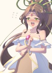 Rule 34 | 1girl, :3, @ @, averting eyes, bangle, bare shoulders, blush, bracelet, breasts, brown hair, circlet, cleavage, collarbone, dress, embarrassed, female focus, flying sweatdrops, gem, goddess of maple world, green eyes, green ribbon, hair intakes, hair ribbon, half-closed eyes, hands up, highres, jewelry, large breasts, long hair, looking to the side, maplestory, multicolored clothes, multicolored dress, nervous smile, nose blush, open mouth, ponytail, red gemstone, ribbon, rune (dualhart), sidelocks, simple background, smile, solo, standing, sweat, tears, upper body, very long hair, white background