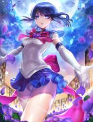 Rule 34 | 1girl, bishoujo senshi sailor moon, blue hair, blue skirt, blunt bangs, box (hotpppink), breasts, brooch, building, choker, circlet, cloud, earrings, elbow gloves, eyelashes, field, floating hair, flower, flower field, full moon, gloves, heart, heart brooch, highres, jewelry, looking at viewer, makeup, mascara, miniskirt, moon, outdoors, outstretched arms, panties, pantyshot, petals, pleated skirt, purple eyes, ribbon, sailor collar, sailor saturn, skin tight, skirt, sky, small breasts, solo, standing, star (symbol), super sailor saturn, tomoe hotaru, underwear, white gloves, white panties
