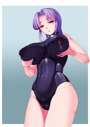 Rule 34 | 1girl, bad id, bad pixiv id, blue background, breast hold, breast lift, breasts, covered navel, gradient background, highres, huge breasts, impossible clothes, impossible swimsuit, long hair, one-piece swimsuit, original, parted lips, purple hair, red eyes, solo, swimsuit, thighs, vuccha