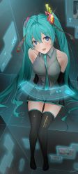 Rule 34 | 1girl, absurdres, aikawa yumi, arm support, black skirt, blue eyes, boots, hatsune miku, highres, long hair, necktie, open mouth, sitting, skirt, sleeveless, smile, solo, thigh boots, thighhighs, twintails, very long hair, vocaloid, zettai ryouiki