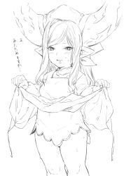 Rule 34 | 1girl, apron, arulumaya, bad id, bad twitter id, bare legs, blush, cowboy shot, crescent, crescent hair ornament, granblue fantasy, greyscale, hair ornament, harvin, harvin, highres, lifting own clothes, long hair, monochrome, pointy ears, simple background, sketch, solo, sweat, thick thighs, thighs, tori udon, translation request