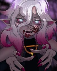 Rule 34 | 1girl, absurdres, blood, blood on face, briar (league of legends), colored sclera, colored skin, commentary, detached sleeves, english commentary, fingernails, gradient hair, grey eyes, grey hair, grey skin, hair between eyes, highres, league of legends, long hair, looking at viewer, multicolored hair, nail polish, no pupils, open mouth, pink hair, pink nails, pink sclera, pointy ears, sami0fficial, sharp fingernails, sharp teeth, sidelocks, simple background, smile, solo, teeth, two-tone hair, upper body, vampire