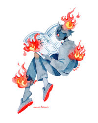 Rule 34 | 1boy, artist name, fire, full body, knees up, long sleeves, male focus, maruti bitamin, nail polish, newspaper, original, painting (medium), pants, profile, red eyes, red nails, shoes, simple background, solo, traditional media, watercolor (medium), white background