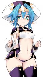 Rule 34 | 1girl, armor, blue hair, blush, breasts, closed mouth, green eyes, hair between eyes, hair intakes, hat, headpiece, hellmatio, karukan (monjya), long sleeves, navel, panties, pointy ears, puffy long sleeves, puffy sleeves, purple hat, purple panties, purple thighhighs, shinrabanshou, short hair, shoulder armor, simple background, small breasts, smile, solo, thick eyebrows, thighhighs, underwear, white background