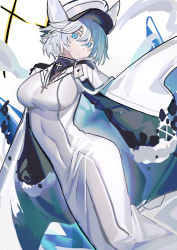 Rule 34 | 1girl, blue eyes, cape, closed mouth, covered navel, cross, cross necklace, dress, echj, hair between eyes, hat, highres, jewelry, long dress, necklace, original, sketch, sleeves past fingers, sleeves past wrists, solo, white cape, white dress, white hair, white hat, white theme