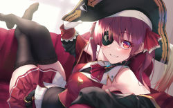 Rule 34 | 1girl, armpits, black thighhighs, breasts, couch, crossed ankles, eyepatch, fukai ryosuke, gloves, hair ribbon, hand on headwear, hat, highres, hololive, houshou marine, houshou marine (1st costume), large breasts, long hair, looking at viewer, lying, miniskirt, on back, pirate hat, red eyes, red hair, red ribbon, red skirt, ribbon, shadow, skirt, smile, solo, sunlight, teeth, thighhighs, twintails, virtual youtuber, white gloves, zettai ryouiki
