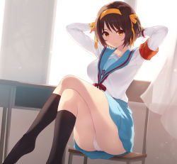 Rule 34 | 1girl, armband, arms behind head, arms up, backlighting, black socks, blue sailor collar, blue skirt, breasts, brown eyes, brown hair, cait aron, chair, closed mouth, commentary request, crossed legs, curtains, feet out of frame, hair ribbon, hairband, indoors, kita high school uniform, kneehighs, light smile, long sleeves, medium breasts, no shoes, on chair, panties, pantyshot, pleated skirt, ribbon, sailor collar, school uniform, serafuku, shirt, sitting, skirt, socks, solo, suzumiya haruhi, suzumiya haruhi no yuuutsu, table, underwear, white panties, white shirt, window, yellow hairband, yellow ribbon