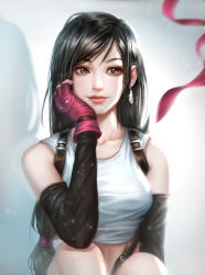 Rule 34 | 1girl, absurdres, black gloves, black hair, breasts, brown eyes, closed mouth, commentary request, earrings, eyelashes, final fantasy, final fantasy vii, fingerless gloves, gloves, highres, jewelry, lips, long hair, looking to the side, low-tied long hair, medium breasts, partially fingerless gloves, pink gloves, rena illusion, shirt, sitting, solo, sparkle, suspenders, tank top, taut clothes, taut shirt, tifa lockhart, very long hair, white shirt