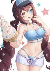 Rule 34 | 1girl, absurdres, bare shoulders, bikini, blue bikini, blue eyes, breasts, brown hair, cleavage, epic seven, fang, food, heterochromia, highres, holding, holding food, ice cream, ice cream cone, long hair, looking at viewer, low twintails, luluca (epic seven), medium breasts, midriff, navel, open mouth, red eyes, short shorts, shorts, sprinkles, star (symbol), swimsuit, twintails, twitter username, very long hair, visor cap, white shorts, yuri rabi
